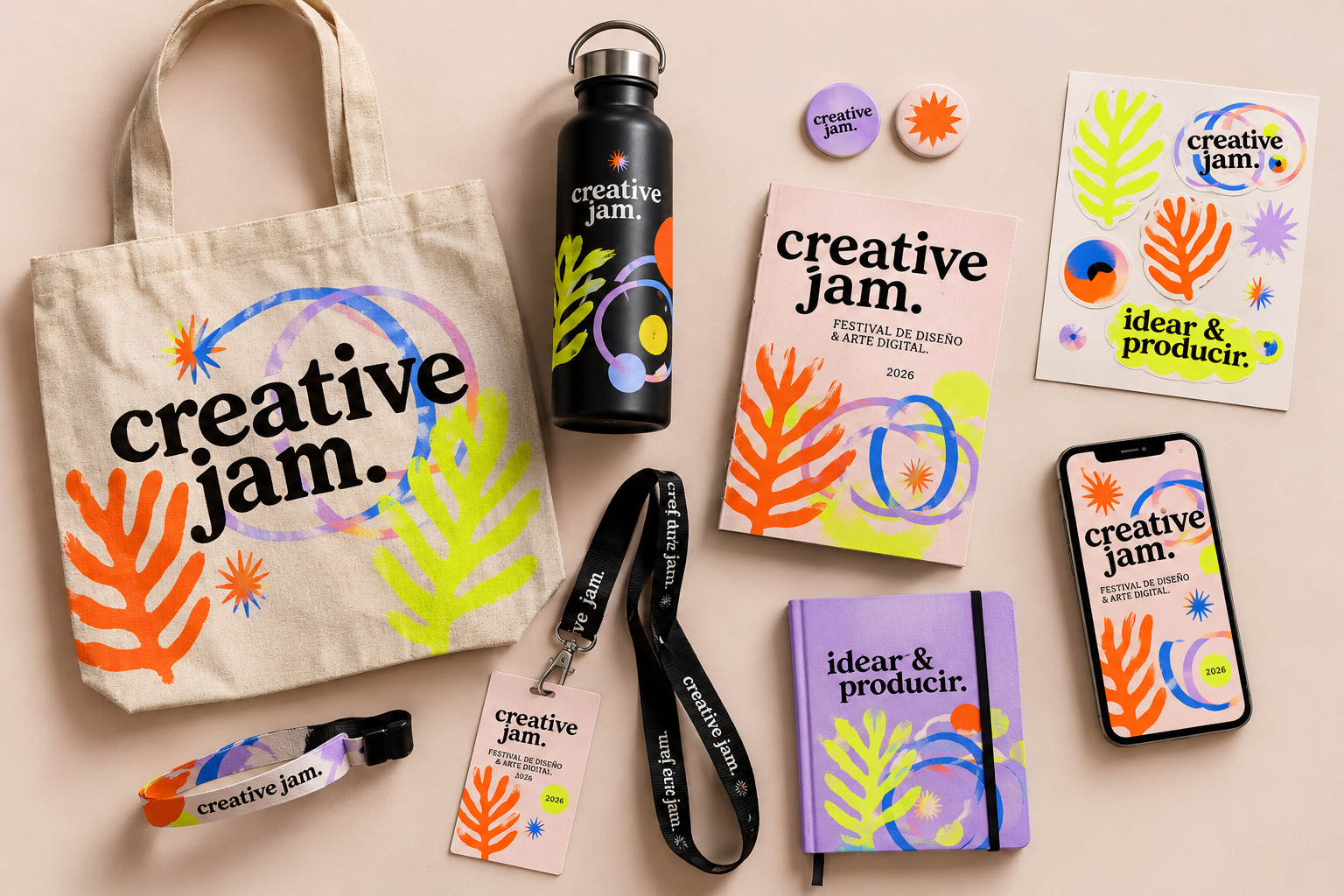 Mockups de tote bag, botella, credenciales, stickers y cuaderno de Creative Jam