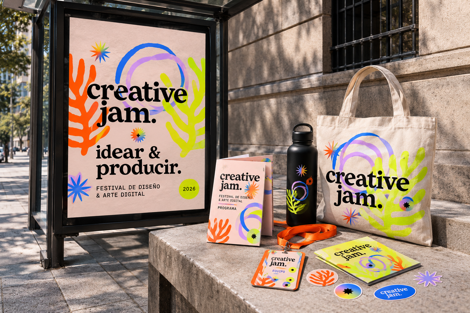 Aplicación de Creative Jam en cartel urbano y accesorios del festival
