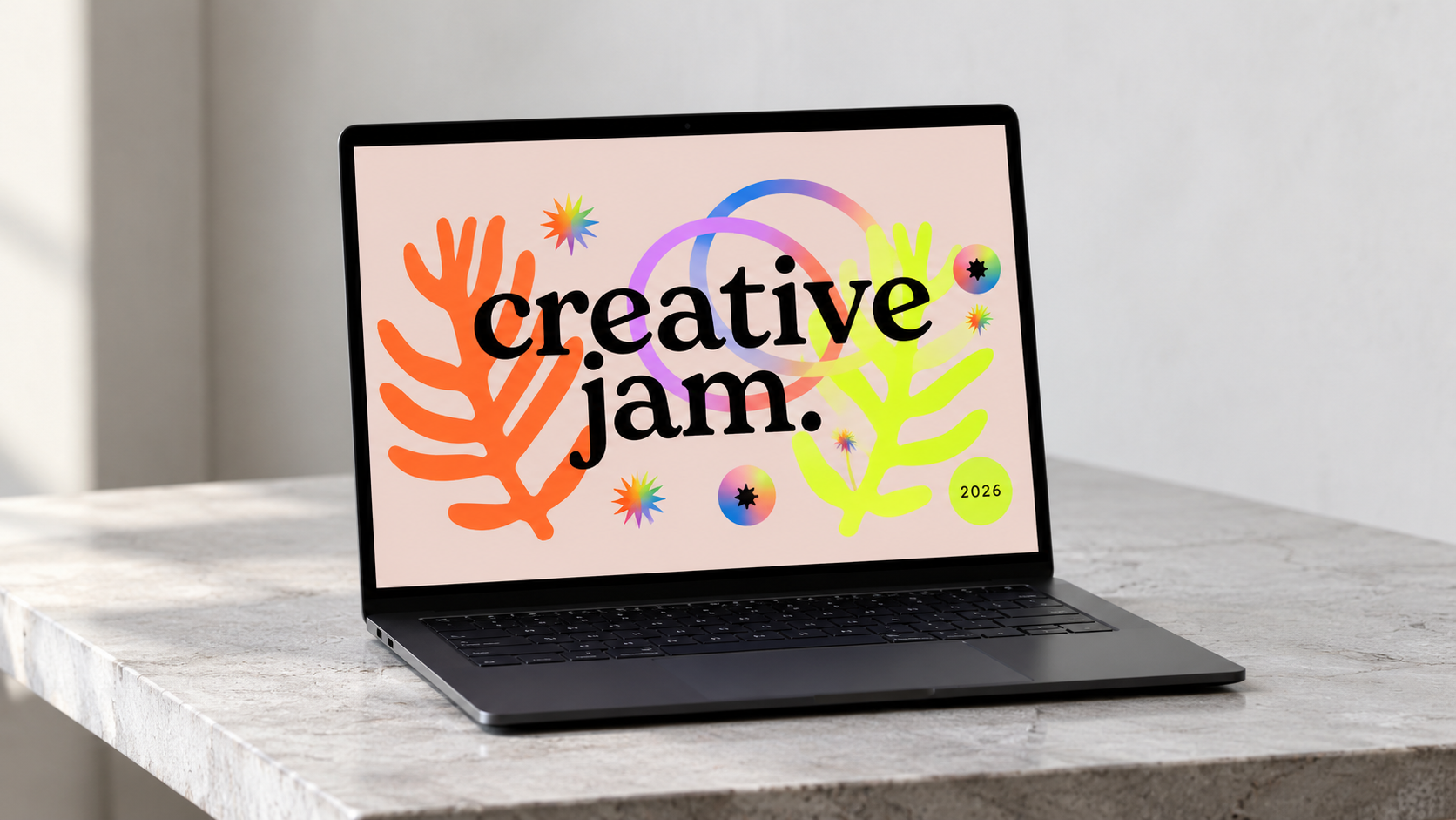 Creative Jam 2026, identidad visual en una pantalla de laptop