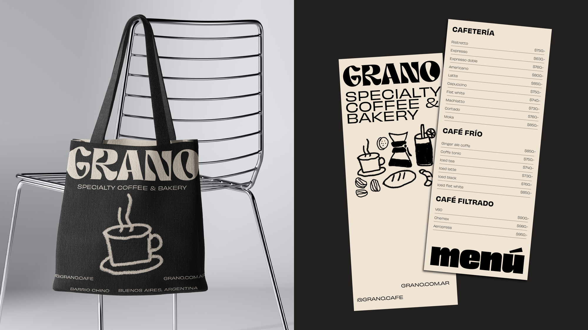 GRANO: tote bag sobre silla y menú de cafetería, presentación a pantalla completa